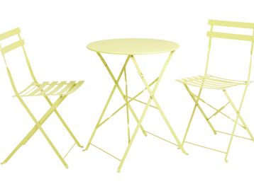 Lemon yellow bistro set: garden wedding furniture, outdoor event hire, Scotland brand activation.