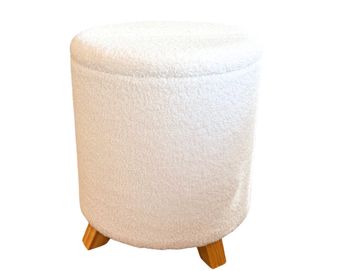 White boucle pouffe: round textured stool, luxury wedding lounge hire, Scotland brand activation.