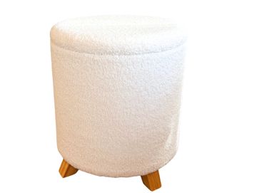 White boucle pouffe: round textured stool, luxury wedding lounge hire, Scotland brand activation.