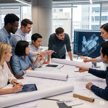 Team of architects discussing blueprints and 3D design on computer screen.