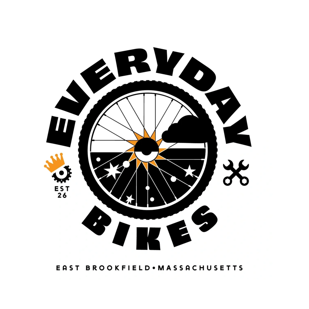 Logo of Everyday Bikes with a bike wheel featuring sun, stars, and cloud elements.