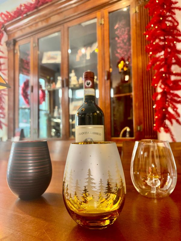 Jersey Art Glass wine glasses. Gold Forest, Black Stripe and Gnome Center.