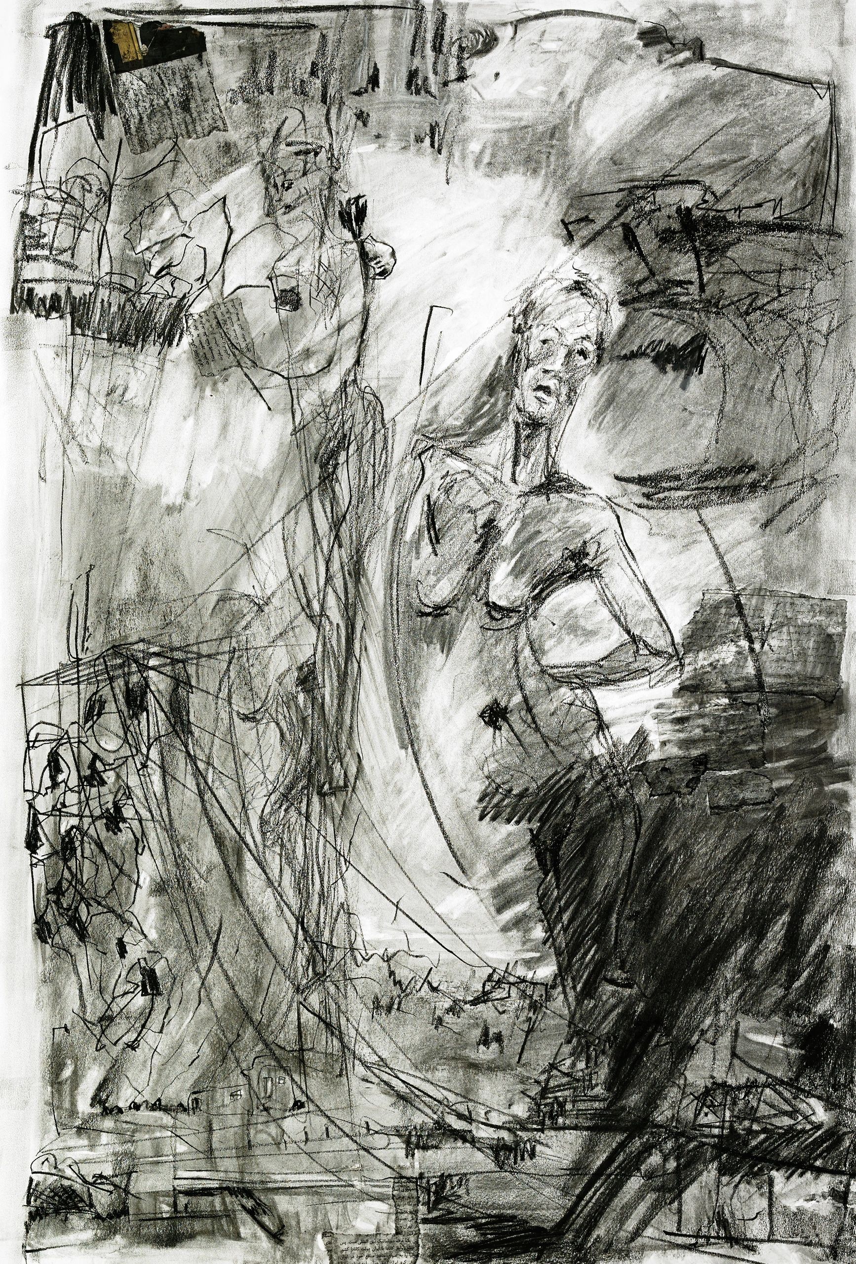 Abstract charcoal drawing of a pensive figure.