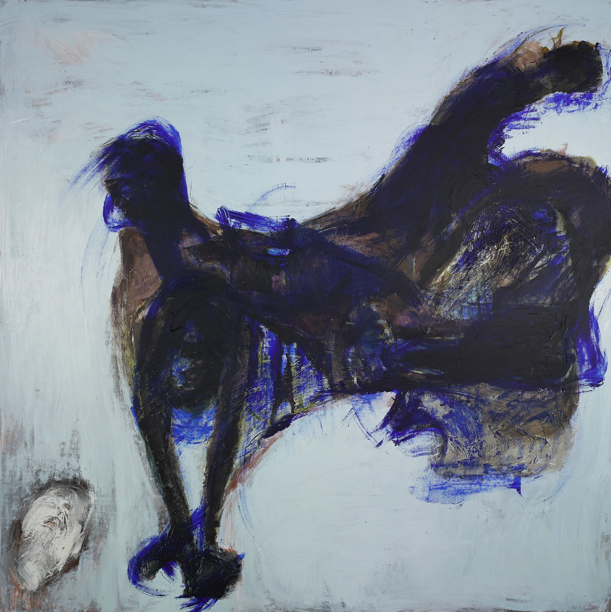 Abstract painting with dark blue and black swirls.