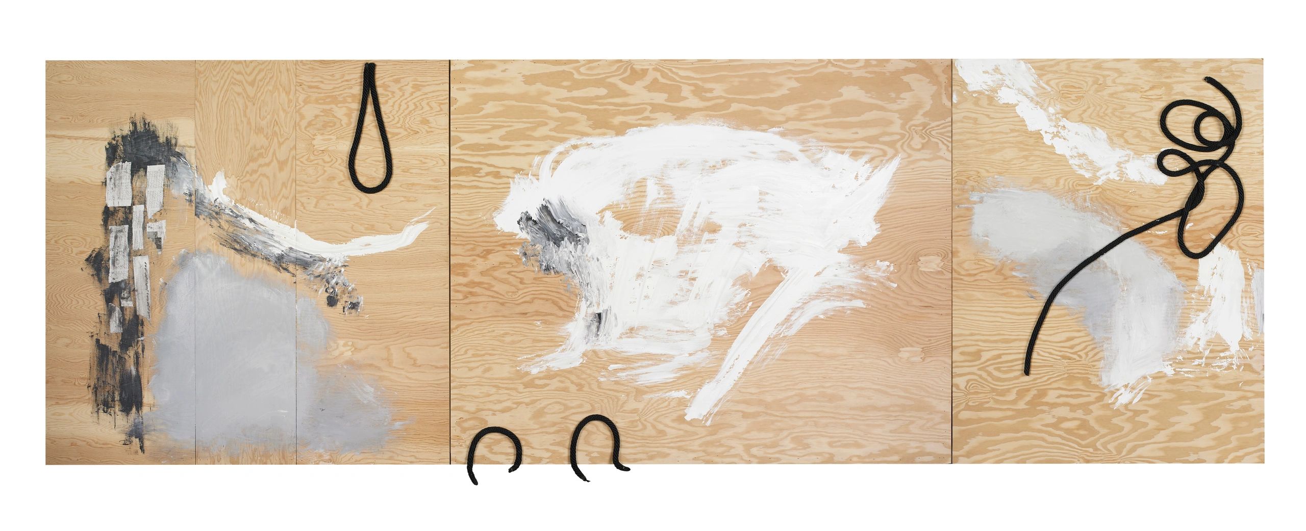 Abstract art on wood panels with black rope and white paint strokes.