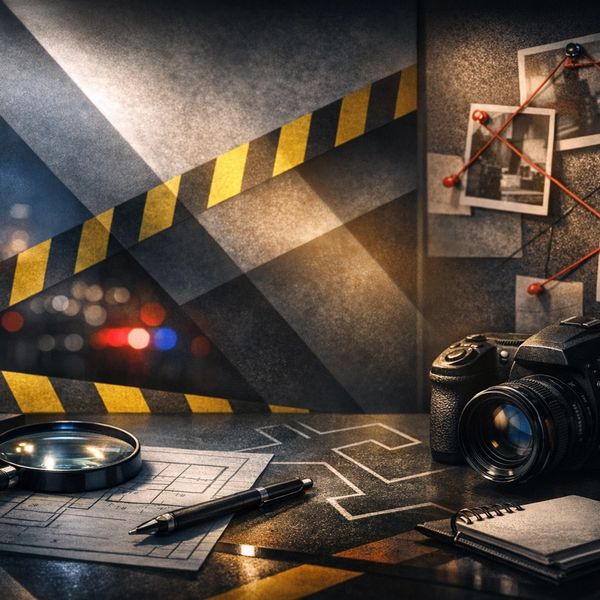 Crime scene investigation setup with camera, magnifying glass, and evidence photos.