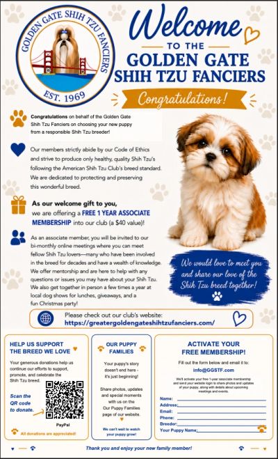 Welcome flyer for Golden Gate Shih Tzu Fanciers club.