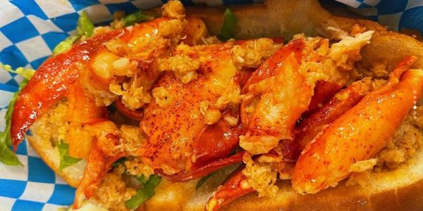 A close-up of a lobster roll with fresh lobster meat on a bun.