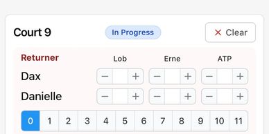 Tennis score tracking interface showing players Dax and Danielle on Court 9.