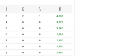 A table displaying numbers under columns Lab, Erne, ATP, and Total with totals in green.