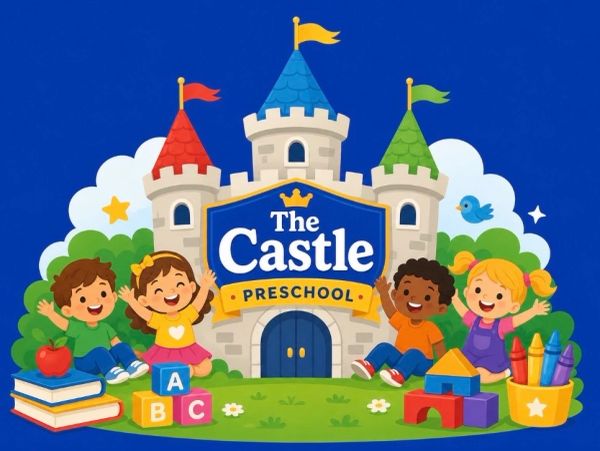 Colorful preschool logo with kids and a castle.