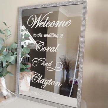 Personalised mirrored wedding welcome sign.