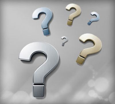 Question marks on a light bluish-gray abstract background