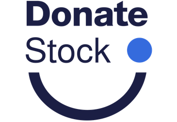 Logo with the words 'Donate Stock' and a blue dot above a curved line.