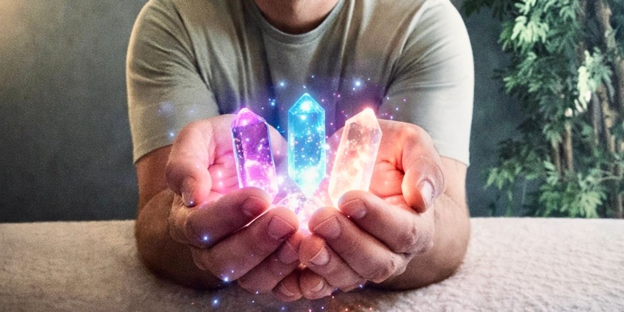 Person holding glowing magical crystals emitting colorful light.