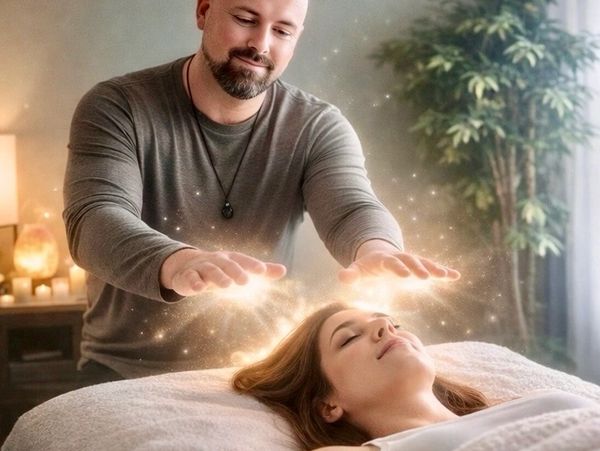 Man performing energy healing on a relaxed woman in a serene room.