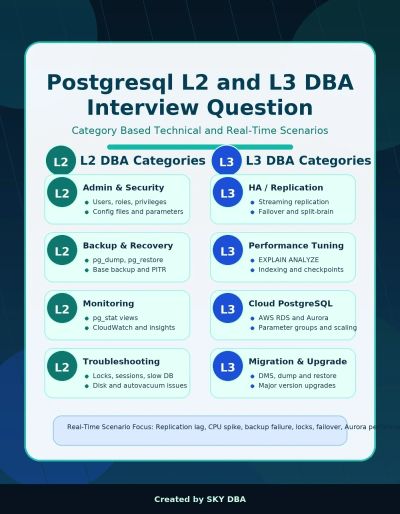 PostgreSQL L2 and L3 DBA interview questions categorized by DBA roles and scenarios.