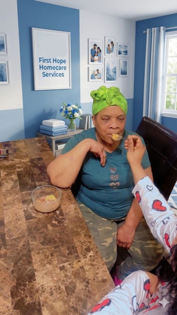 Caregiver feeding an elderly woman in a cozy homecare setting.