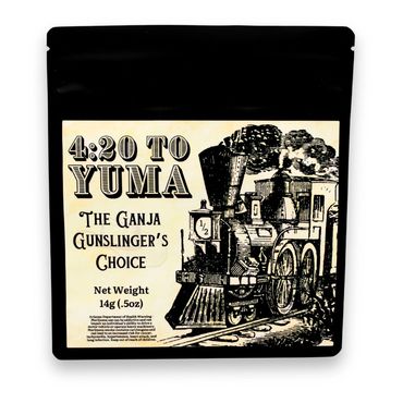 Black pouch labeled '4:20 to Yuma' with vintage train illustration, cannabis product packaging.