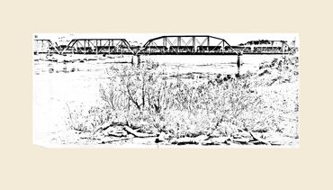 Black and white sketch of a train crossing a bridge over a river.