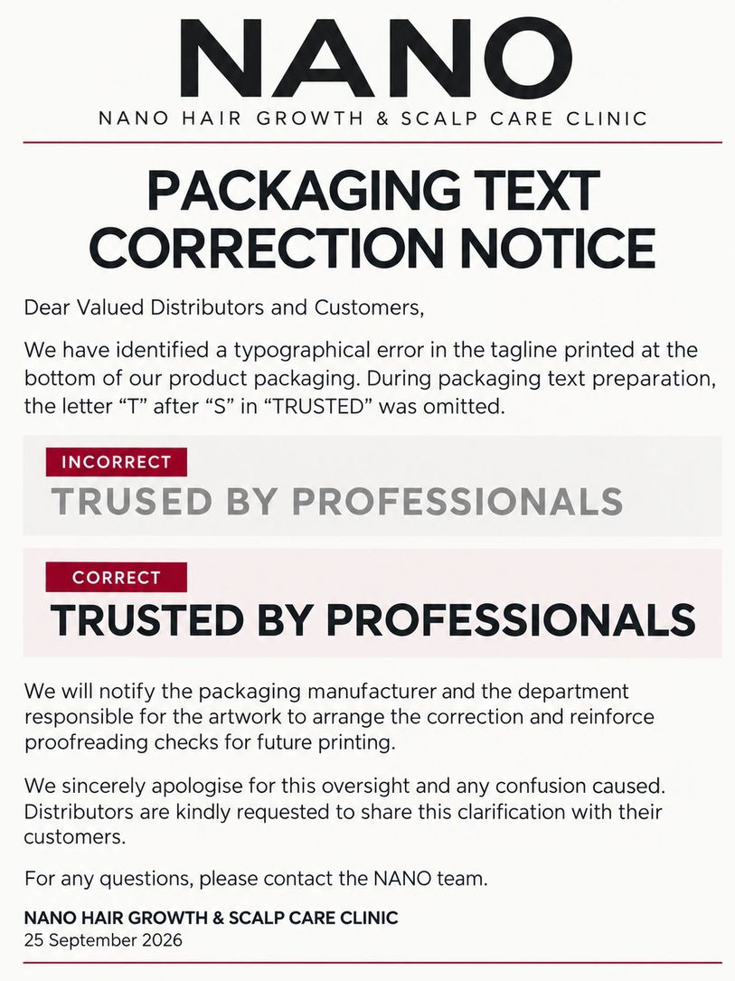Notice correcting a typographical error in product packaging text for NANO Clinic.