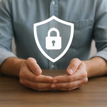 Hands protecting a digital lock symbolizing security and privacy.