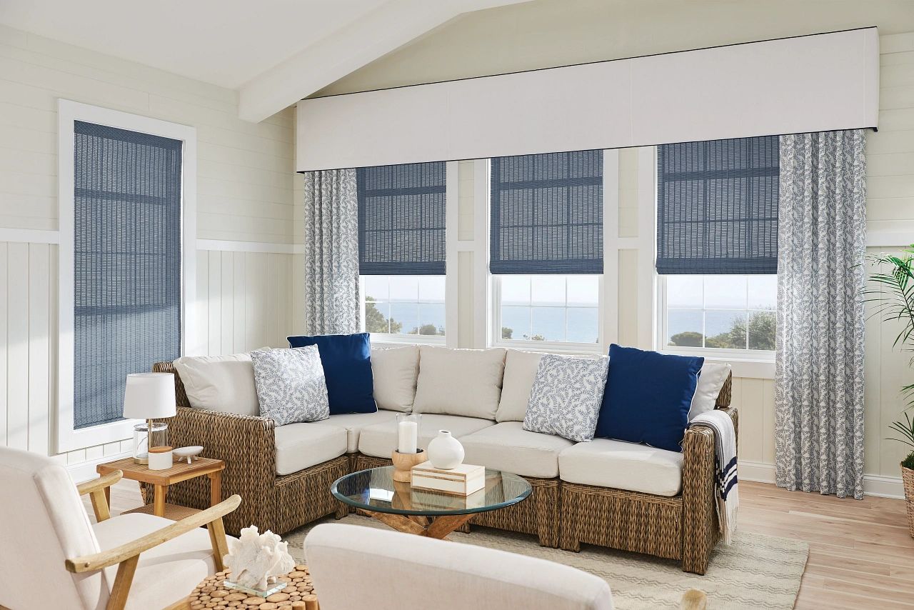 Custom drapes. Roman shades cape cod. Fabric shades. Fabric cornice. Blinds Cape Cod.