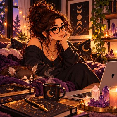 Cozy magical room with a woman, dog, crystals, and moon-themed decor.