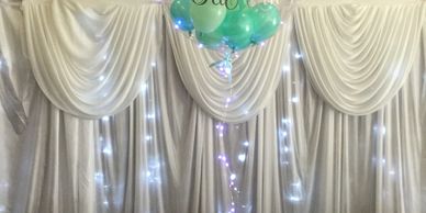 Our Twinkle Light back drop is available to hire for your event . It puts the sparkle into the room 