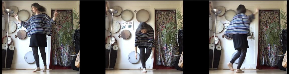 Triptych of a dancer in a striped shirt