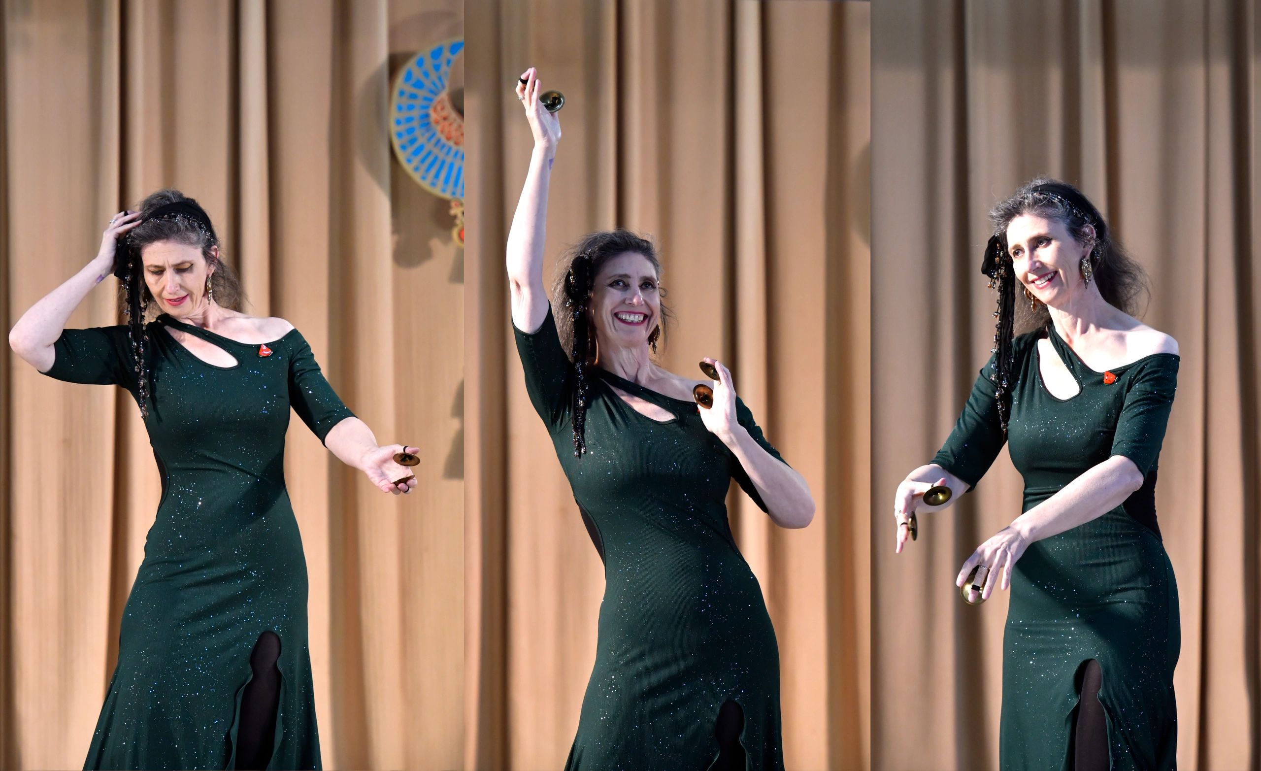A triptych of a dancer in a green dress in front of a light brown curtain