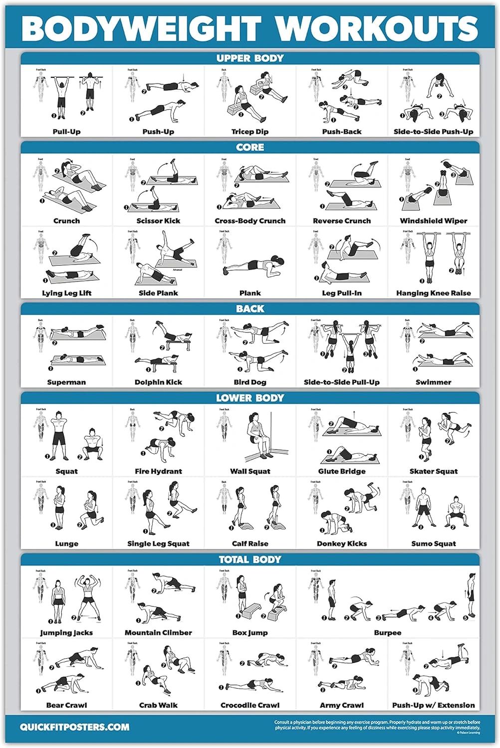 Illustrated guide of bodyweight workouts targeting upper body, core, back, lower body, and total body muscles.