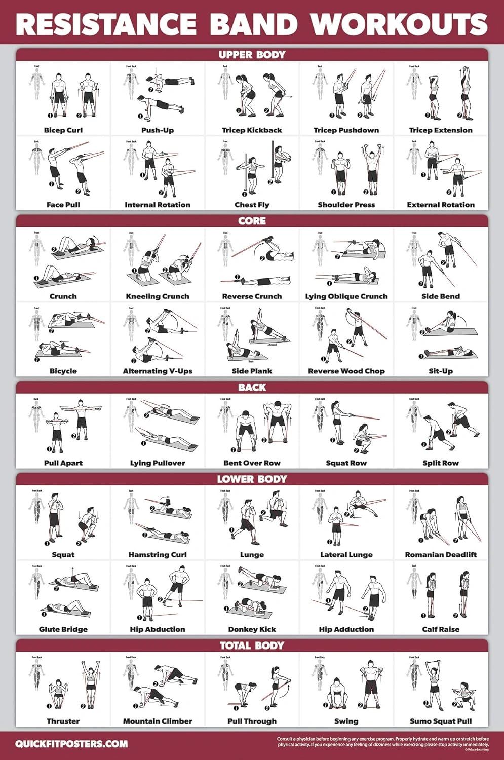 Chart of resistance band exercises targeting upper body, core, back, lower body, and total body.