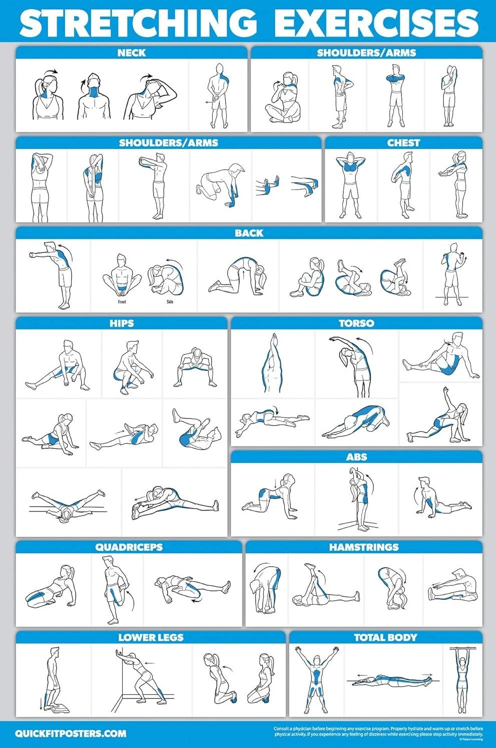 Illustrated stretching exercises targeting different body parts for full-body flexibility.