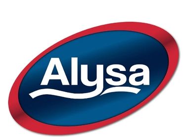 Alysa logo with a blue center and red oval border.