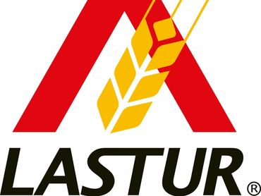 Logo featuring a red triangular shape with a stylized yellow wheat stalk and the word LASTUR.