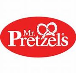 Mr. Pretzels logo with a red oval background and a pretzel illustration.