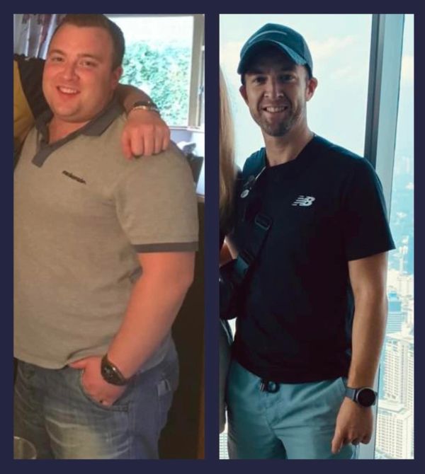 Side-by-side weight loss transformation of a man smiling in casual clothes.