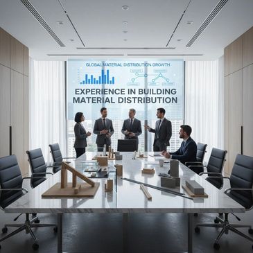 Business professionals discussing material distribution growth in a modern conference room.