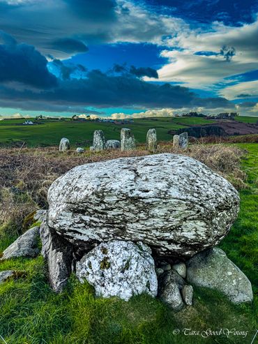 Ancient stone circle under dramatic skies on a lush green hillside, guarded by stone doman resembling a large tortoise.