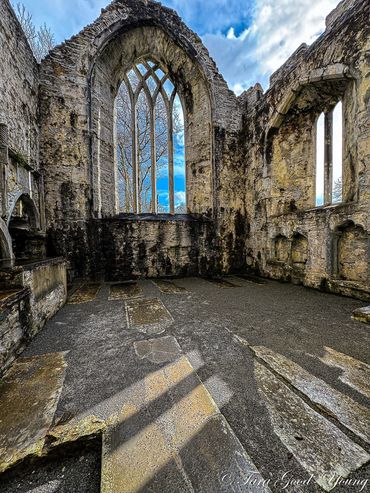 Long hall, Muckross Abbey. Roofless stone ruin, with glassless cathedral window, Sunlight on floor.