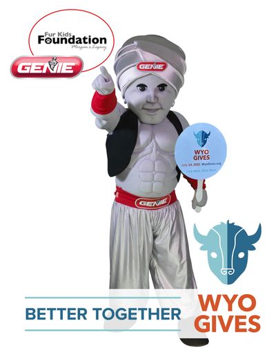 The Genieman holding a WYO Gives donation sign