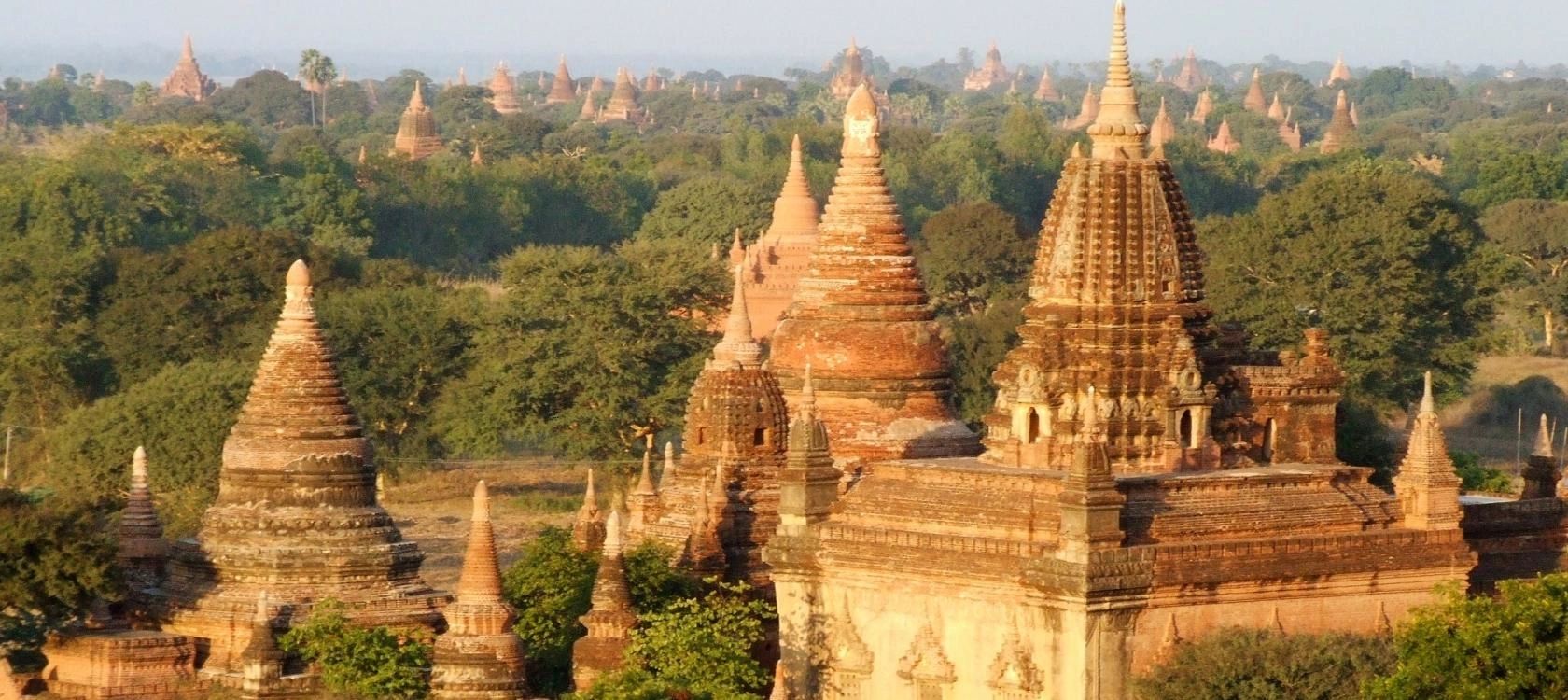 Ancient temples and pagodas amidst greenery under a hazy sky.