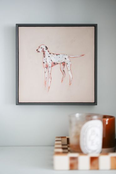 Minimalist painting of a Dalmatian dog on canvas. Oil painting by Polly Pincott