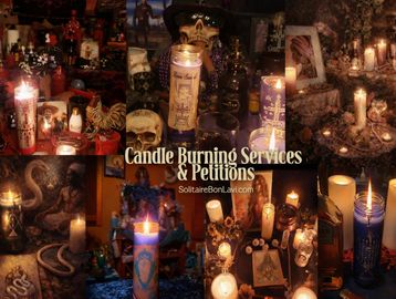Collage of candles and spiritual objects for burning services.