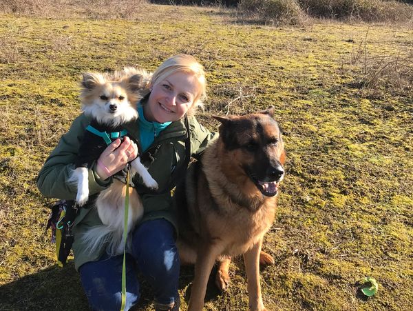 blonde woman and two dogs