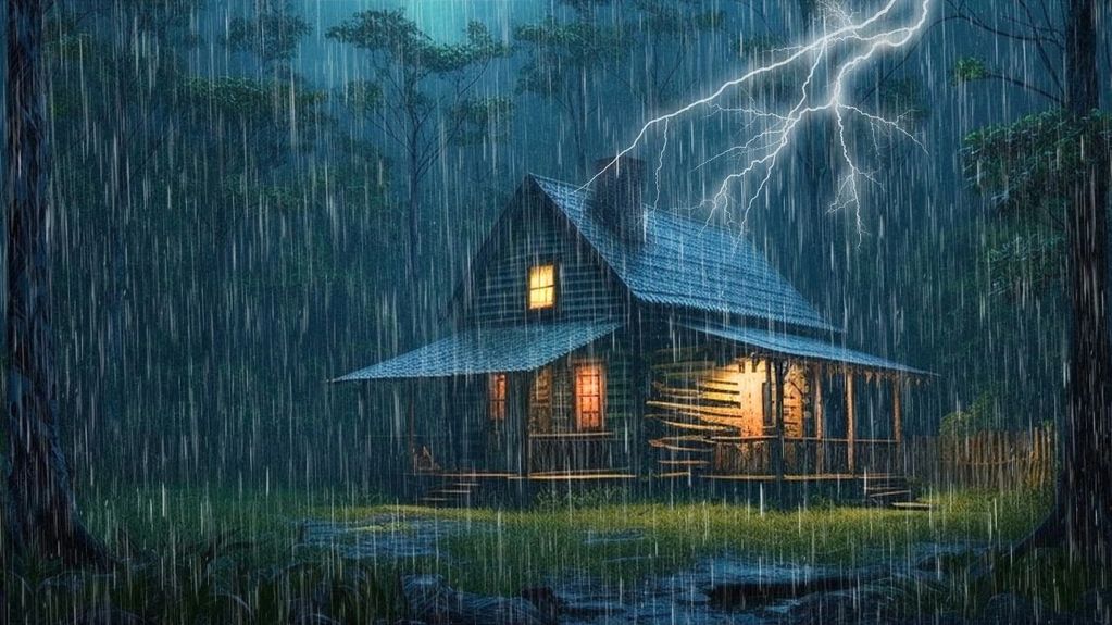 Lightning strikes near a secluded cabin during a heavy rainstorm.