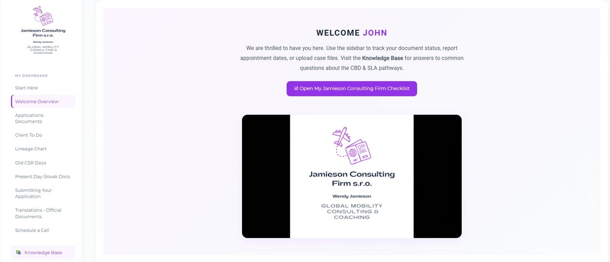 Welcome screen for Jamieson Consulting Firm with navigation sidebar and a checklist button.