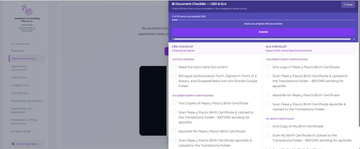 Document checklist interface for CBD & SLA tasks with progress bar.
