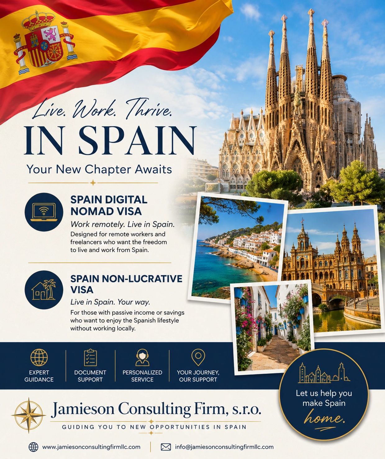 Promotional flyer for living and working in Spain with visa options and expert support.